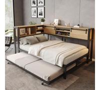 Sweiko Cadre de Lit Métal Réversible 120x200 cm avec Lit Gigogne, USB, Noir | Lit 2 Places, Étagères ouvertes, Rangement avec Porte Coulissante, sans Matelas, Gain de Place pour Chambre Ado, Adulte