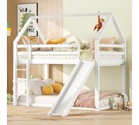 Sweiko Cadre de lit superposé pour Enfant 90x200cm | toboggan avec cabane dans les arbres, lit en pin avec balustrade