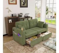 Sweiko Canapé 2 Places avec 2 tiroirs de Rangement, Ports USB, Canapé d'angle en Chenille avec Tablette, Pochette latérale, Moderne Sofa pour Salon, Petit Espace (Olive)