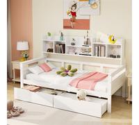 Sweiko Canapé-lit 90x200, tiroirs et étagères, sommier à lattes, lit d'enfant, lit de jeune, lit simple, lit en bois massif, blanc