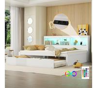 Sweiko Canapé-lit, Lit de jour, Lit de jour, 140x200cm , Avec lampes LED, Rangement côté lit, Lit gigogne, Prise électrique + USB, Sans matelas, Blanc