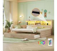 Sweiko Canapé-lit, Lit de jour, Lit de jour, 140x200cm , Avec lampes LED, Rangement côté lit, Lit gigogne, Prise électrique + USB, Sans matelas, Naturel
