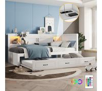 Sweiko Canapé-lit, Lit de jour, Lit de jour, 90x200cm , Avec lampes LED, Rangement côté lit, Lit gigogne, Prise électrique + USB, Sans matelas, Blanc