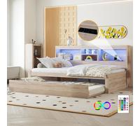 Sweiko Canapé-lit, Lit de jour, Lit de jour, 90x200cm , Avec lampes LED, Rangement côté lit, Lit gigogne, Prise électrique + USB, Sans matelas, Naturel