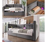 Sweiko Canapé-lit rembourré 90x200 cm, Lit simple Canapé-lit avec espace de rangement hydraulique et station de chargement USB & Type-C, Lit d'appoint avec sommier à lattes en bois, Gris, Velours, San