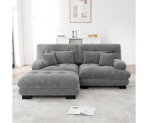Sweiko Cloud Canapé d'angle pour salon, Chenille Canapé double avec 2 coussins lombaires et 2 coussins décoratifs, Canapé rembourré avec de larges accoudoirs et ottoman, Chenille Gris
