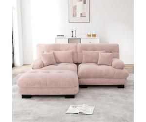 Sweiko Cloud Canapé d'angle pour salon, Chenille Canapé double avec 2 coussins lombaires et 2 coussins décoratifs, Canapé rembourré avec de larges accoudoirs et ottoman, Chenille Rose
