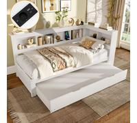 Sweiko Day lit, 90 x 200 cm, Canapé-lit, Lit de jour avec lit escamotable, Avec prise électrique et 2 prises USB, Lit avec sommier à lattes (sans matelas), Panneau de particules, Blanc