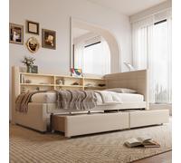 Sweiko Day lit, 90x200cm, lit de jour, canapé-lit, avec 2 tiroirs, USB + type C, plusieurs compartiments de rangement, lit avec sommier (sans matelas), lin, beige