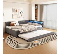 Sweiko Daybed,140x200cm, Lit de jour, Canapé-lit, Compartiment de rangement au lit, USB+Typ C, Télécommande pour éclairage d'ambiance LED, Lit avec rallonge, Lit avec sommier (sans matelas), Lin, Gris