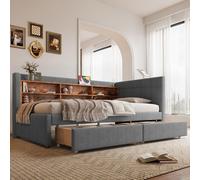 Sweiko Daybed, 90x200cm, lit de jour, canapé-lit, avec 2 tiroirs, USB + type C, plusieurs compartiments de rangement, lit avec sommier à lattes (sans matelas), lin, gris