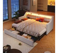 Sweiko Daybed, Lit de jour, Canapé-lit,90 x 200cm, Avec USB et Type-C, Barre de LED avec télécommande, Avec 2 tiroirs, Poches de rangement, Lit gigogne multifonctionnel , Sans matelas, Beige