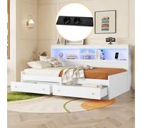 Sweiko Daybett, 90x200cm Lit de jour, canapé-lit, table de nuit, lit avec 2 prises USB et 2 prises de recharge, éclairage d'ambiance, lit avec deux tiroirs, lit avec sommier à lattes (sans matelas), p