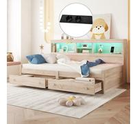 Sweiko Daybett, 90x200cm Lit de jour, canapé-lit, table de nuit,Lit avec 2 prises USB et 2 prises de recharge, éclairage d'ambiance, lit avec deux tiroirs, lit avec sommier à lattes (sans matelas), pa