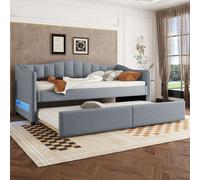 Sweiko Daybettt, 90x200cm lit de jour avec lit extensible, canapé-lit, lit simple (sans matelas), design lumière d'ambiance, lin, style minimaliste, gris