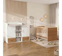 Sweiko Ensemble Table à Langer 3 Portes Rangement & Lit Berceau 5 Hauteurs | 114x53x92cm,70x140x87cm,Lit Côté,Cododo,Barrière Amovible,Commode,Pour Chambre,Vestiaire,Vêtement,Jouet,Bois Massif,Moderne