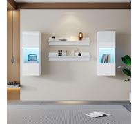 Sweiko Etagère murale set de 4, armoire murale LED et 2 étagères - éclairage intelligent contrôlé par APP, surface brillante et portes en verre trempé, pour le salon, compatible avec la télévision, en