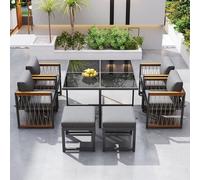 Sweiko Gartenlounge-Set,Set de 7 tables et chaises de jardin pour 6 personnes, table en verre trempé, plaque de main courante en acacia
