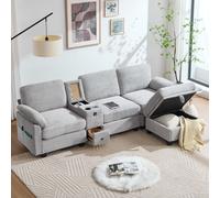Sweiko Grand canapé en velours côtelé avec mousse de confort. Équipement : console centrale amovible (2 porte-gobelets + espace de rangement), port USB-C, poche latérale, tiroir de rangement, ottoman 