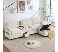 Sweiko Grand canapé en velours côtelé avec mousse de confort. Équipement : console centrale amovible (2 porte-gobelets + espace de rangement), port USB-C, poche latérale, tiroir de rangement, ottoman 