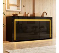 Sweiko LED Commode à 2 Portes et 3 tiroirs de Style Moderne 140 * 40 * 65cm | finition brillante, avec espace de rangement, idéale pour le couloir, le salon et le bureau,noire