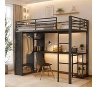 Sweiko LED Métallique Lit Superposé Mezzanine 2 Places avec Bureau,Escalier | 90×200cm,avec Tringles à Vêtements,3 Étagères Rangement,Prises Usb,Type-c,Barrière,Pour Appartements,Chambres,Noir,Industriel