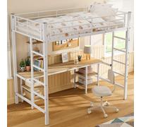 Sweiko Lit à cadre en fer, Lit superposé avec table et étagères, Convient aux enfants et adolescents, Lit d'enfant avec échelle latérale, avec barrière anti-chute, Fer + MDF, Blanc, 90x200cm