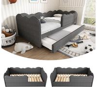 Sweiko Lit de jour rembourré 90x190cm,Lit de jour Canapé-lit avec lit gigogne 90x190cm, Lit d'enfant avec sommier à lattes, lin,Gris, sans matelas