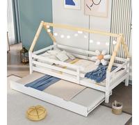 Sweiko Lit de la cabane 200x90 cm, lit Simple en Bois avec Coulisse, lit Coulissant avec roulettes en Bas, fermes de Toit en Couleur Naturelle