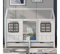 Sweiko Lit de maison avec 2 tiroirs, lit simple, lit de jour, lit d'enfant avec 2 fenêtres, cadre en pin, MDF, blanc (200x90cm)