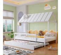 Sweiko Lit de maison avec lit à roulettes, toit avec cheminée, lit d'enfant, lit d'adolescent, avec grille sur 3 côtés, pin+MDF, blanc, 120x200/190cm
