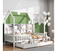 Sweiko Lit de maison Lit d'enfant avec bibliothèque polyvalente-grille de stockage-cabinet étagère de rangement et deux grands tiroirs avec espace de rangement et forme de cheminée 90x200 Blanc