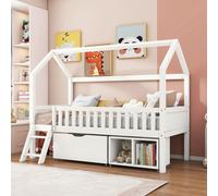 Sweiko Lit de maison Lit d'enfant Lit d'adolescent 200x90 Avec tiroirs et compartiments de rangement Convient pour garçons et filles Avec rampe anti-dérapante, Blanc