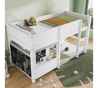 Sweiko lit de maison lit d'enfant lit de jeu lit superposé avec deux planches graffiti avec petite étagère 90x200 blanc