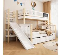 Sweiko Lit de maison, lit d'enfant, lit double superposé, lit d'enfant multifonctionnel, avec escalier et armoires de rangement, Avec toboggan et petit tableau, 140x200cm & 90x200cm, blanc