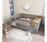 Sweiko Lit d'enfant 140 x 200cm, Châssis de lit en bois avec grille et porte, Gris