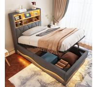 Sweiko Lit d'enfant 90×200 cm avec espace de rangement hydraulique Bande lumineuse LED commandée par APP Prise de charge USB Sommier métallique Rembourrage en lin Gris.