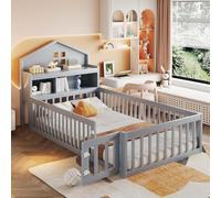 Sweiko Lit d'enfant 90 x 200, cadre de lit d'enfant en bois massif, barre de maison, avec étagères et espace de rangement, avec grille de protection et porte, avec barre de photos, avec sommier, gris