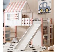 Sweiko Lit d'enfant 90 x 200 cm Design de grenier avec échelle et toboggan de sécurité, compartiments de rangement à plusieurs étages Lit multifonctionnel Lit en bois massif Lit simple Lit surélevé Ro