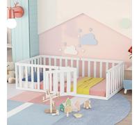 Sweiko Lit d'enfant 90 x 200, plancher en bois Cadre de lit avec barrière et porte, Blanc (