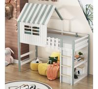 Sweiko Lit d'enfant 90x200 cm haut et bas Lit pour garçons et filles Lit à domicile en forme de toit avec échelle de sécurité avec compartiment de rangement Lit multifonctionnel Lit en bois massif ave