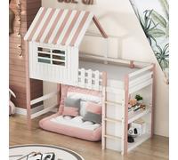Sweiko Lit d'enfant 90x200 cm haut et bas Lit pour garçons et filles Lit à domicile en forme de toit avec échelle de sécurité avec compartiment de rangement Lit multifonctionnel Lit en bois massif ave
