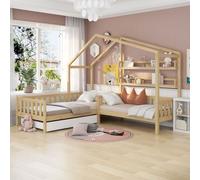 Sweiko Lit d'enfant 90x200cm+140x70cm Lit de maison avec tiroirs et étagères Lit en pin avec grille et sommier à lattes Structure en L naturelle