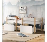 Sweiko Lit d'enfant 90x200cm Lits superposés avec 2 tiroirs Lit en bois massif avec sommier à lattes et protection contre les chutes Pin blanc