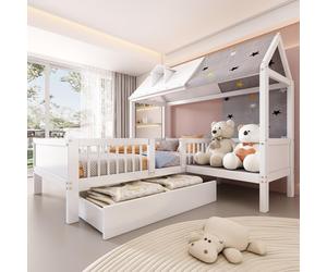 Sweiko Lit d'enfant en bois en forme de maison, lit simple, multifonctionnel, avec toile de tente & coussins, tiroirs en bas, sans matelas, 90x200, blanc