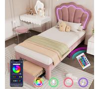Sweiko Lit d'enfant LED Lit simple 90 x 190 cm avec tiroirs Lit rembourré APP-Control LED Cadre de lit Sommier à lattes et tête de lit réglable, Cadre de lit Lit d'adolescent Velours rose