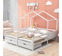 Sweiko Lit d'enfant Lit de maison avec 2 tiroirs et sommier à lattes, tiroirs sur roulettes, lit double divisé, lit pour 2 enfants, 90*200cm Blanc