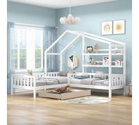 Sweiko Lit d'enfant Lit de maison avec tiroirs et étagères,bois massif avec clôture et sommier à lattes,structure en L,blanc,90x200cm+140x70cm