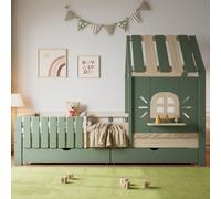 Sweiko Lit d'enfant, Lit de maison avec toit et fenêtre, Avec rebord de fenêtre en bois, Clôture à quatre côtés, Avec 2 tiroirs, Pin+MDF, Vert+Naturel, 90x200cm