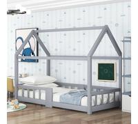 Sweiko Lit d'enfant Lit de maison en bois 90x200cm avec sommier à lattes & protection antichute Gris